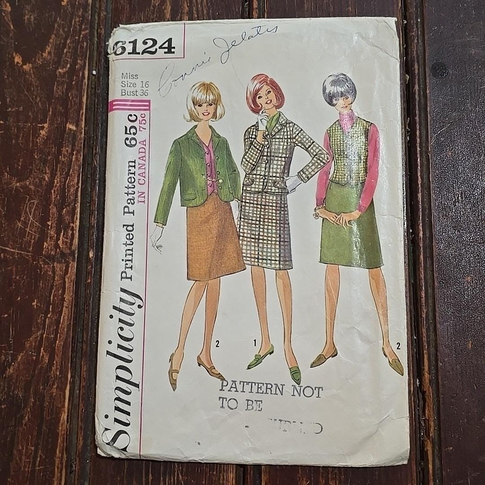1965 Simplicity Pattern 6124 Misses Suit Vest Skirt Jacket Size 16 Bust 36 Cut